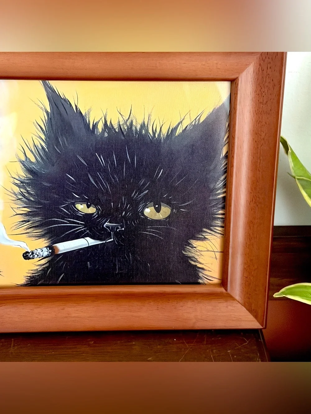 Disheveled Black Cat Smoking a Cigarette Wood Framed Canvas Art Print 11x13”